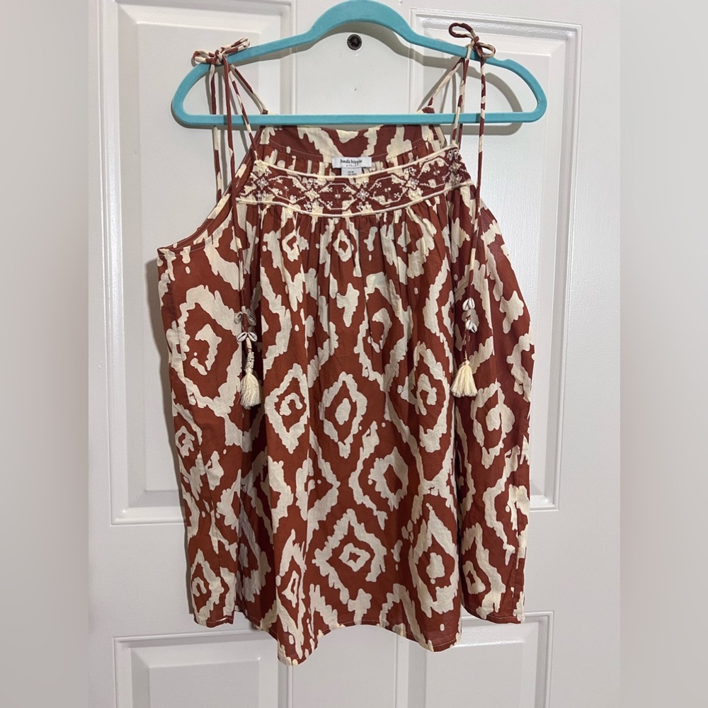 Haute Hippie Boho Tribal Tie Shoulder Top Womens S: M Cotton Rust Ikat Seashell